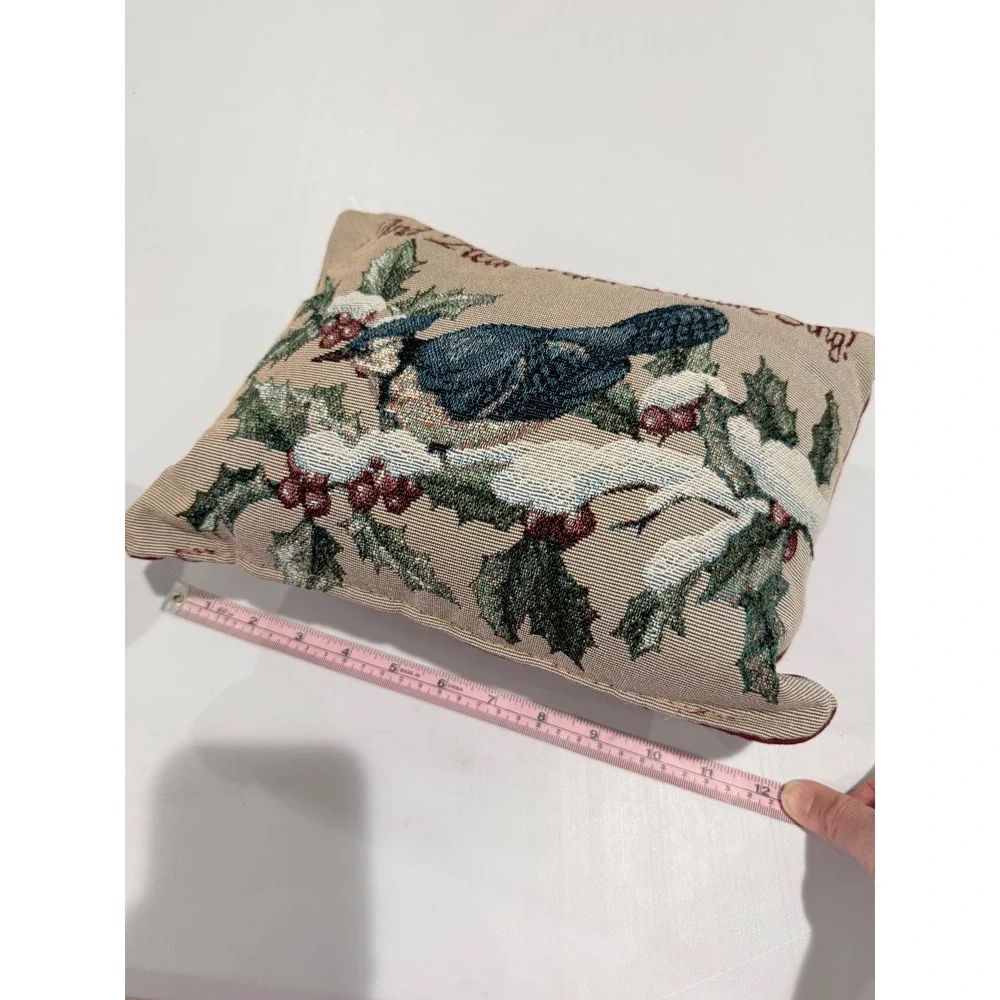 VTG Tapestry Pillow Christmas Bird Burgundy Nature cottagecore cabin festive